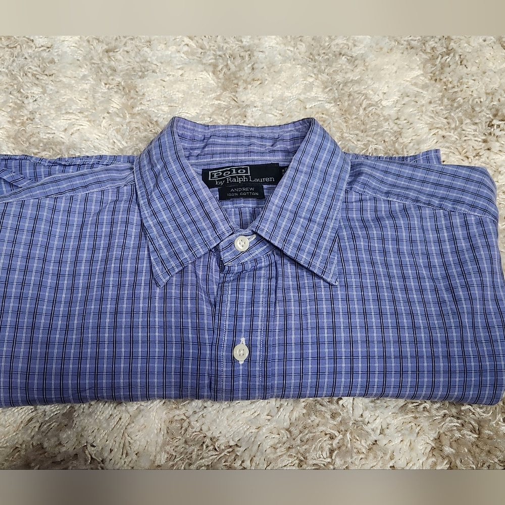 Polo Ralph Lauren Andrew Mens Long Sleeve Blue Plaid Dress Shirt 17 - Picture 2 of 8